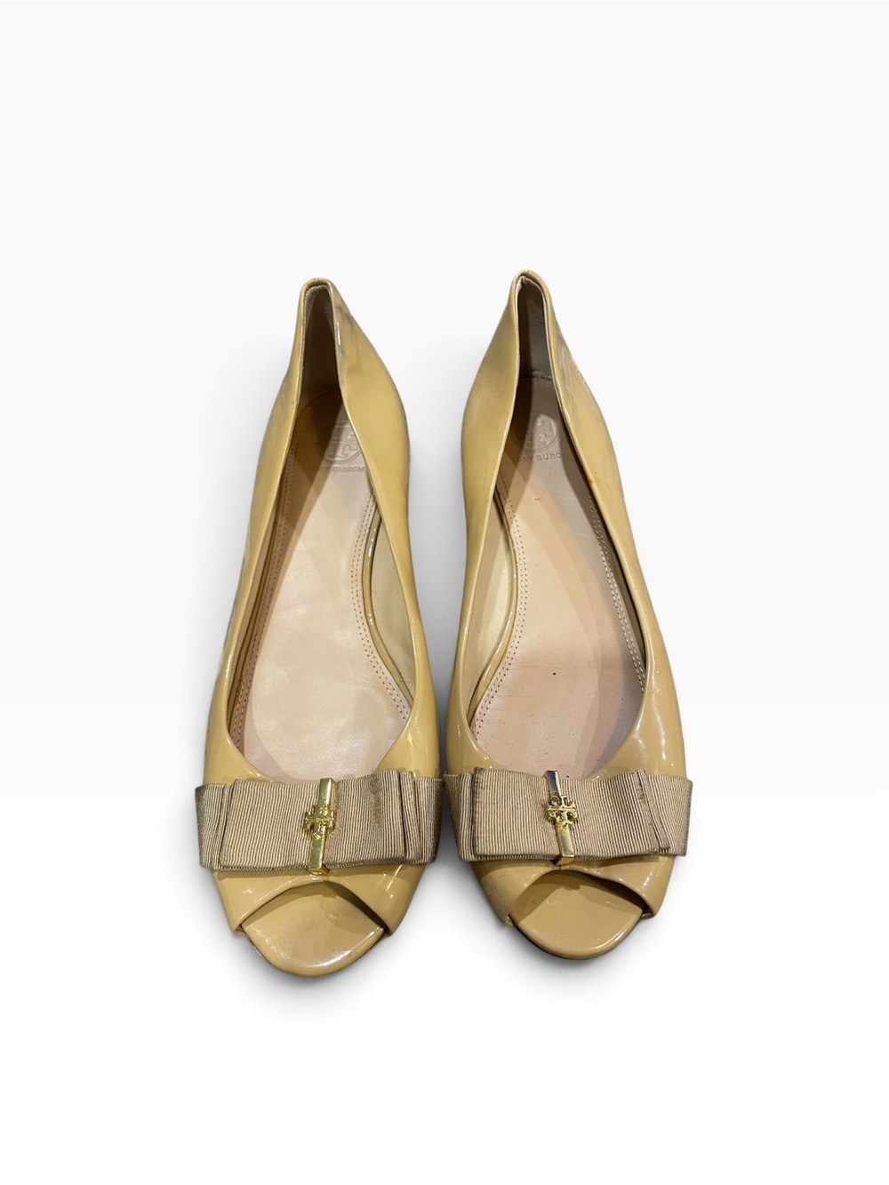 Tory Burch Tan Patent Peep-Toe Flats with Bow Accent Size 11